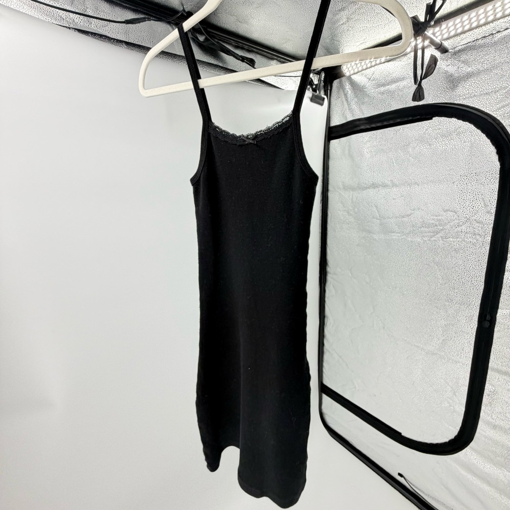 Brandy Melville Black Ribbed Lace Trim Bow Mini Dress Made in Italy Sleeveless